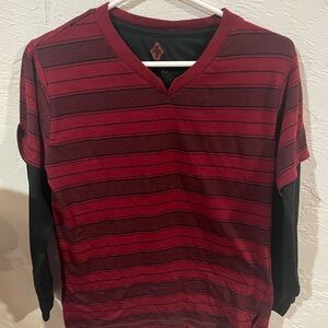Striped Red V-Neck Young Adult Long Sleeved Shirt Large